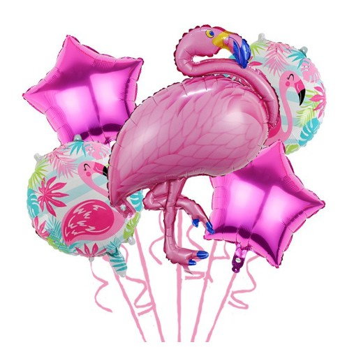 Set Baloane party aniversare, Flippy, din Folie de aluminiu si Latex, set din 5 baloane Flamigo Party cu 2 stele, 2 baloane rotunde, 60 -90 cm, Roz [1]