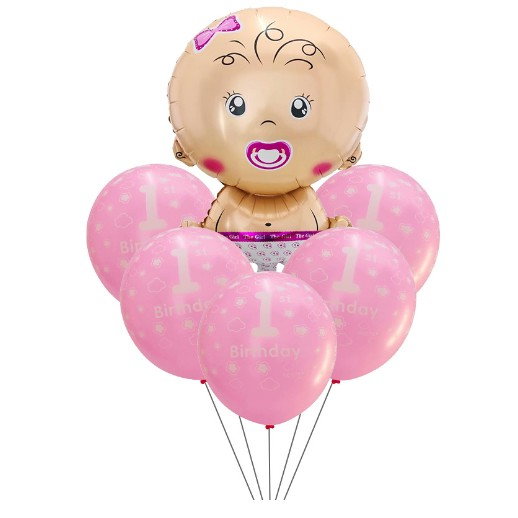 Set baloane pentru fetite, Flippy, FIRST ANYVERSARY, 5 latex 1 Birthday, 1 balon folie din aluminu baby girl, 71 cm, Roz [1]
