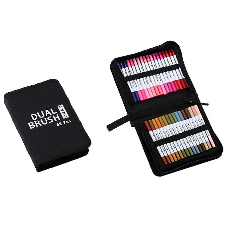 Set Carioci pe Baza de Apa, Flippy, 2 in 1, pentru Pictura, Caligrafie, 60 Culori, Penar Negru, Corp Carioca Alb, 26.5 x 17.5 x 4.5 cm, Multicolor [1]
