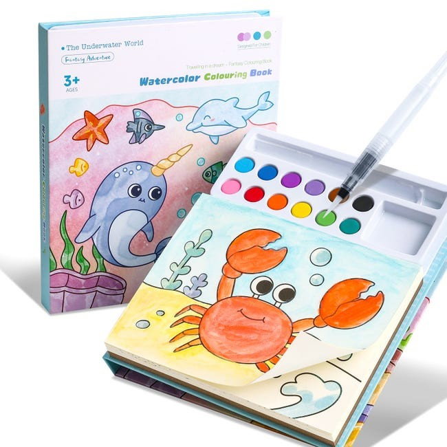 Set Carte de Colorat cu Acuarela, Flippy, Model Balena, 20 Foi de Carton 200 gr, 12 Culori, 1 Pensula, 15.7 x 18.8 x 1.8 cm, Albastru [1]