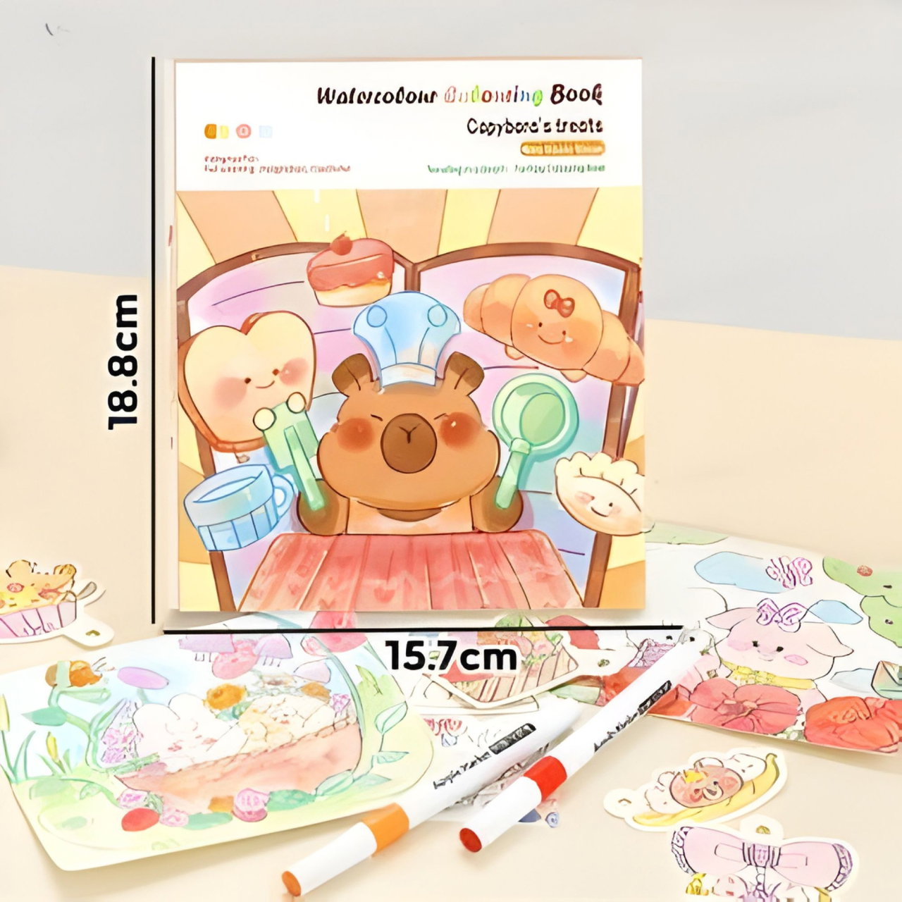 Set Carte de Colorat cu Acuarela, Flippy, Model Capibara, 20 Foi de Carton 200 gr, 12 Culori, 1 Pensula, 15.7 x 18.8 x 1.8 cm, Maro [3]