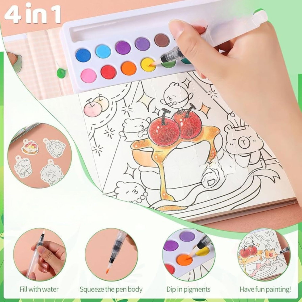 Set Carte de Colorat cu Acuarela, Flippy, Model Capibara, 20 Foi de Carton 200 gr, 12 Culori, 1 Pensula, 15.7 x 18.8 x 1.8 cm, Maro [5]