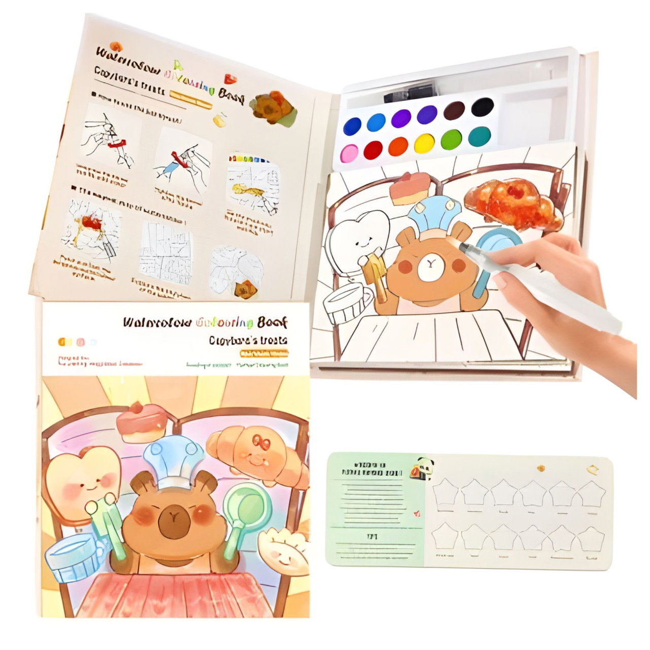 Set Carte de Colorat cu Acuarela, Flippy, Model Capibara, 20 Foi de Carton 200 gr, 12 Culori, 1 Pensula, 15.7 x 18.8 x 1.8 cm, Maro [6]