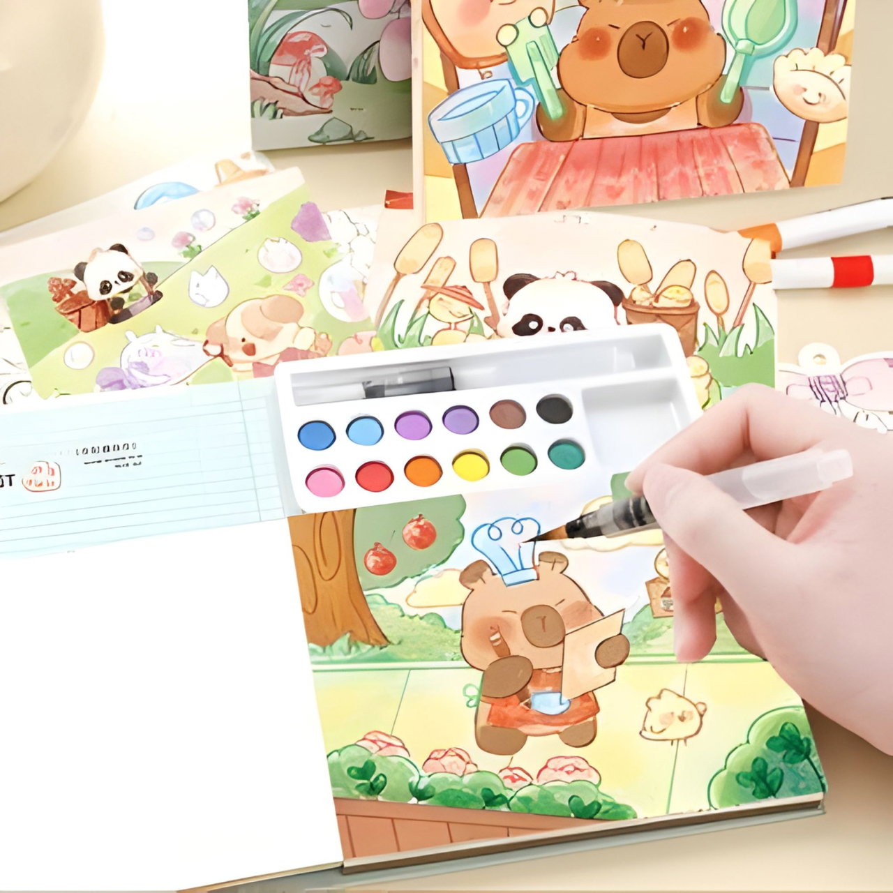 Set Carte de Colorat cu Acuarela, Flippy, Model Capibara, 20 Foi de Carton 200 gr, 12 Culori, 1 Pensula, 15.7 x 18.8 x 1.8 cm, Maro [7]