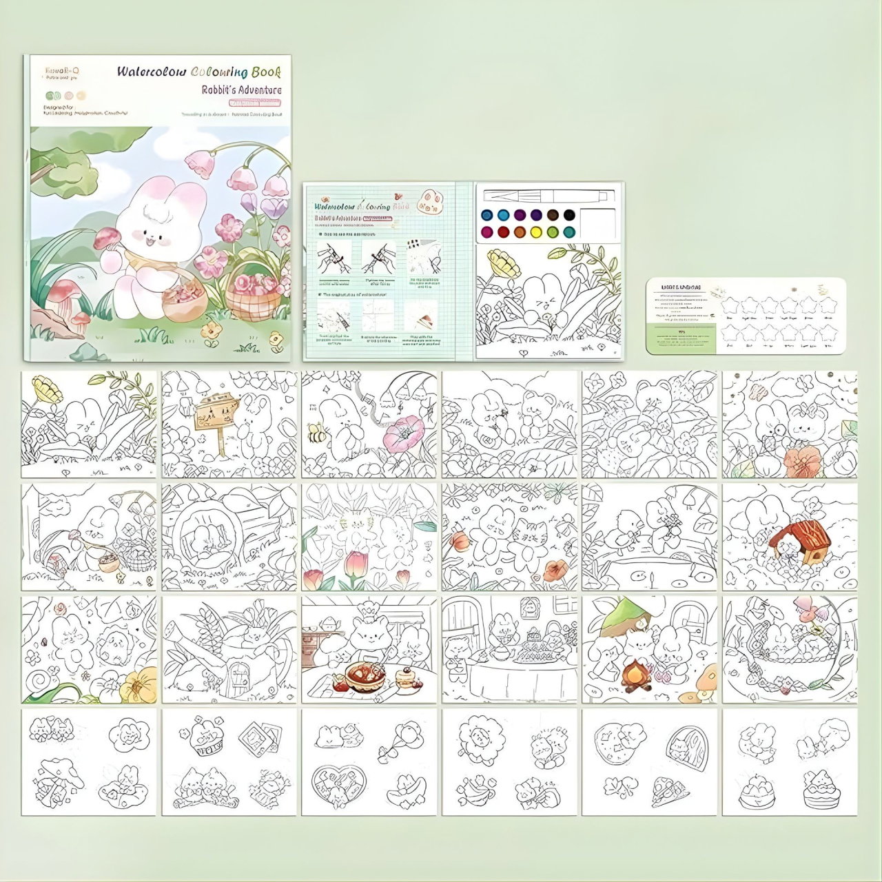 Set Carte de Colorat cu Acuarela, Flippy, Model Iepure, 20 Foi de Carton 200 gr, 12 Culori, 1 Pensula, 15.7 x 18.8 x 1.8 cm, Alb [4]