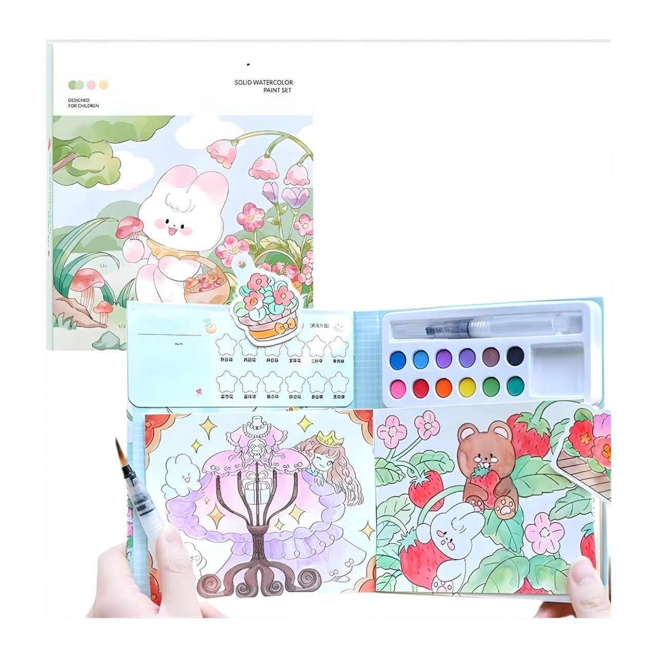 Set Carte de Colorat cu Acuarela, Flippy, Model Iepure, 20 Foi de Carton 200 gr, 12 Culori, 1 Pensula, 15.7 x 18.8 x 1.8 cm, Alb [5]