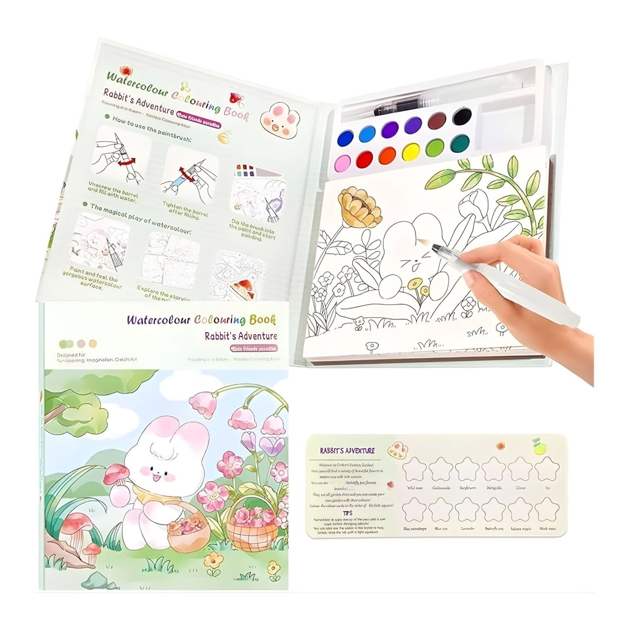 Set Carte de Colorat cu Acuarela, Flippy, Model Iepure, 20 Foi de Carton 200 gr, 12 Culori, 1 Pensula, 15.7 x 18.8 x 1.8 cm, Alb [3]