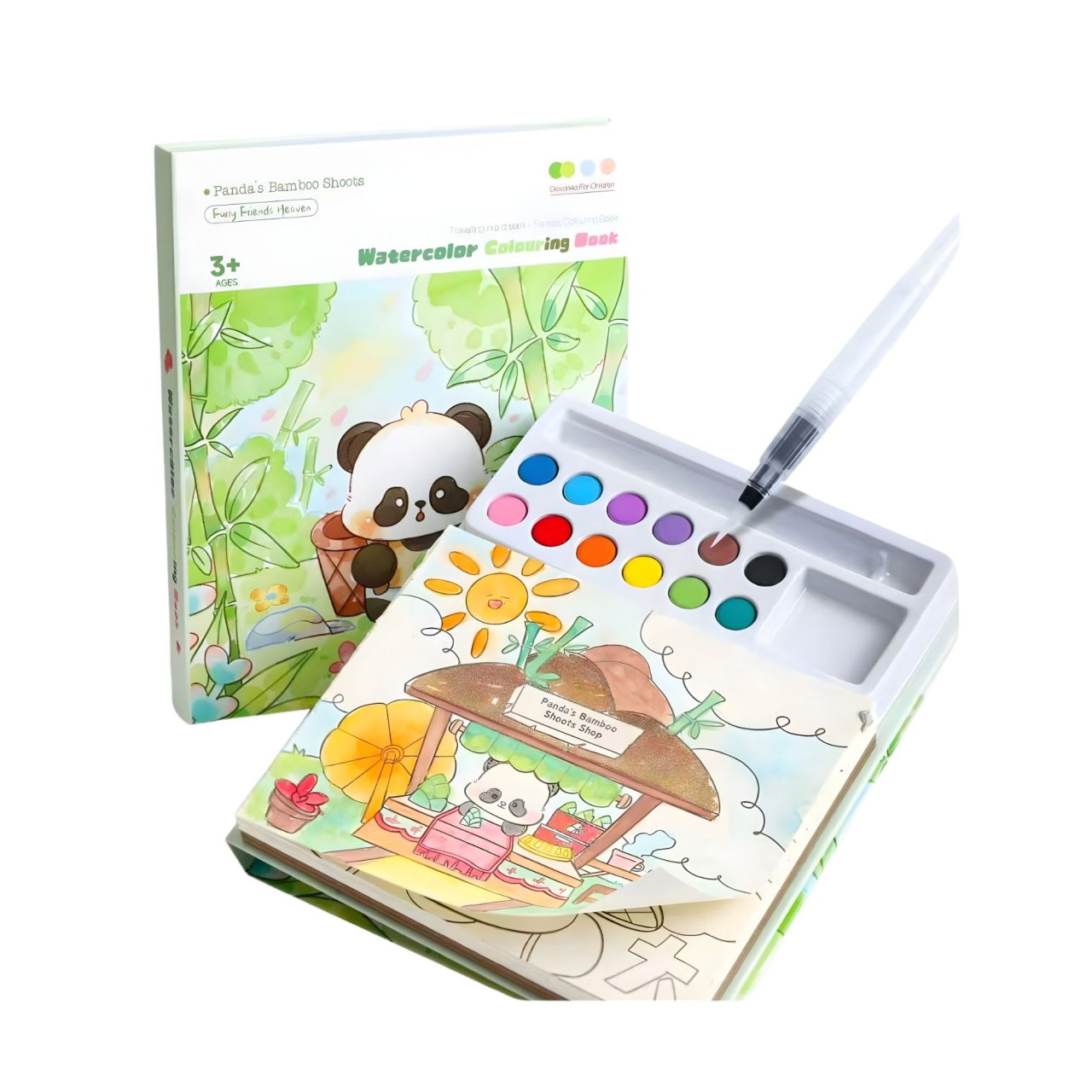 Set Carte de Colorat cu Acuarela, Flippy, Model Panda, 20 Foi de Carton 200 gr, 12 Culori, 1 Pensula, 15.7 x 18.8 x 1.8 cm, Verde [1]