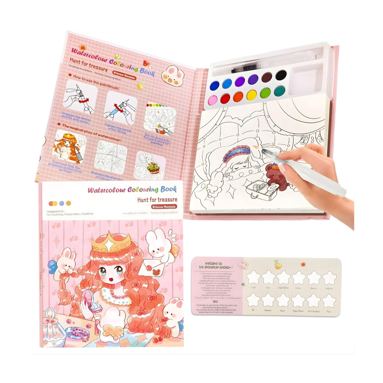 Set Carte de Colorat cu Acuarela, Flippy, Model Printesa, 20 Foi de Carton 200 gr, 12 Culori, 1 Pensula, 15.7 x 18.8 x 1.8 cm, Roz deschis [3]