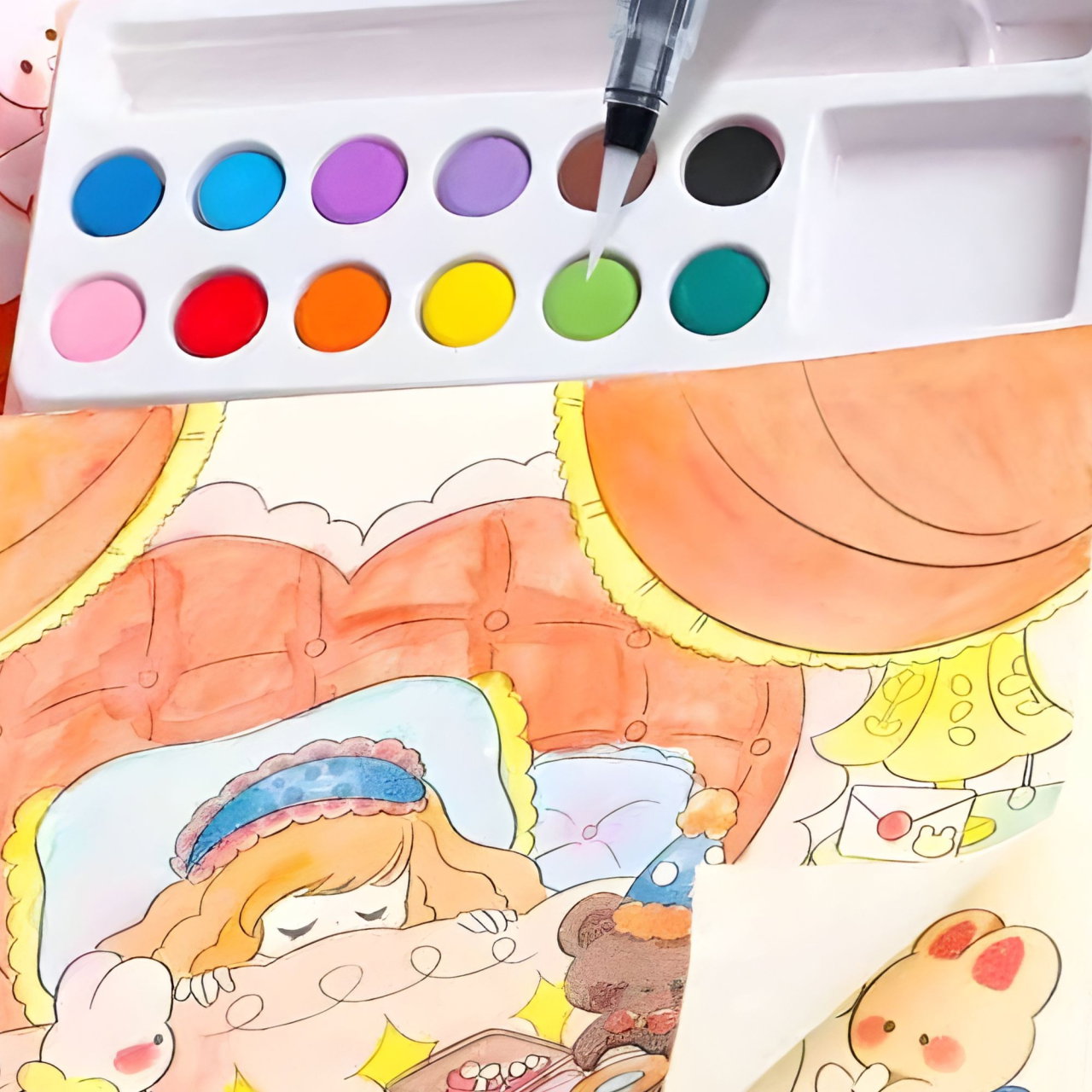 Set Carte de Colorat cu Acuarela, Flippy, Model Printesa, 20 Foi de Carton 200 gr, 12 Culori, 1 Pensula, 15.7 x 18.8 x 1.8 cm, Roz deschis [4]