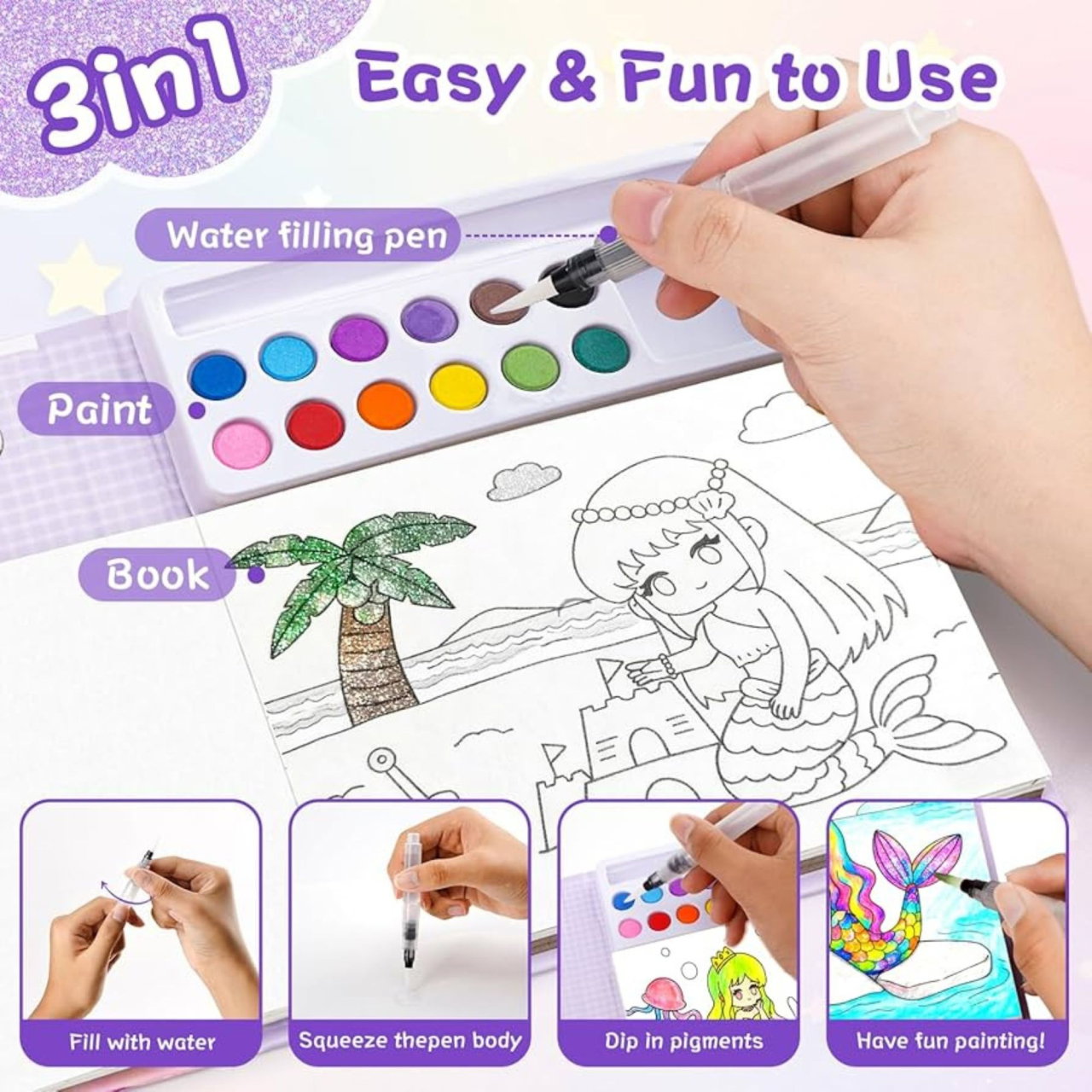 Set Carte de Colorat cu Acuarela, Flippy, Model Sirena, 20 Foi de Carton 200 gr, 12 Culori, 1 Pensula, 15.7 x 18.8 x 1.8 cm, Roz [2]