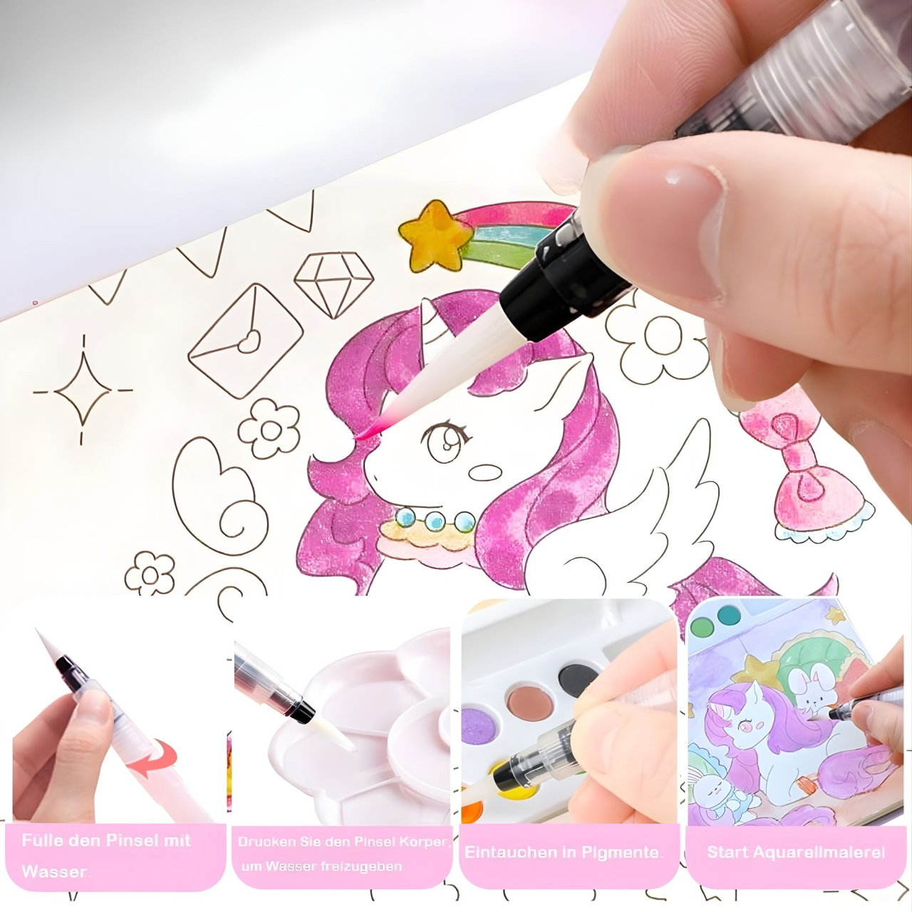 Set Carte de Colorat cu Acuarela, Flippy, Model Unicorn, 20 Foi de Carton 200 gr, 12 Culori, 1 Pensula, 15.7 x 18.8 x 1.8 cm, Mov [3]