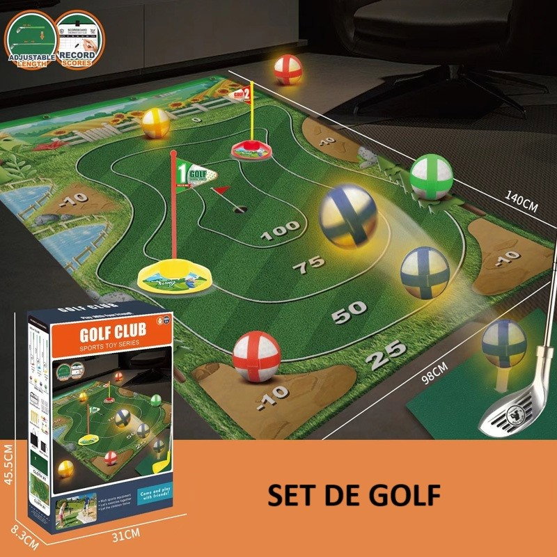 Set de Golf, Flippy, Interactiune Parinte-Copil, Covor de Golf, 140 x 98 cm, 4 Mingii cu Scai, 3 Crose Reglabile, Model B, +3 Ani, Multicolor [2]
