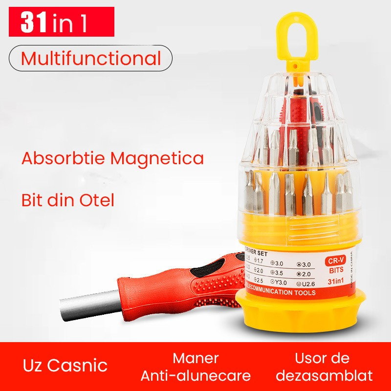 Set de Surubelnite 31-in-1 cu Clichet, Flippy, Set de Uz Casnic pentru Repararea Electronicelor Mici, Maner durabil Izolat Magnetic, 10 x 5 x 5 cm, Galben [3]