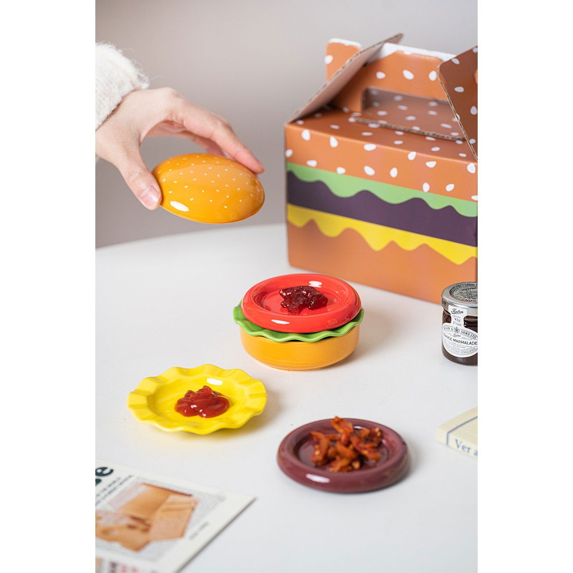 Set Farfurii Ceramice sub Forma de Burger, din Ceramica, pentru Sosuri si Gustari, Mini Farfurii Stivuibile, Multicolor [4]