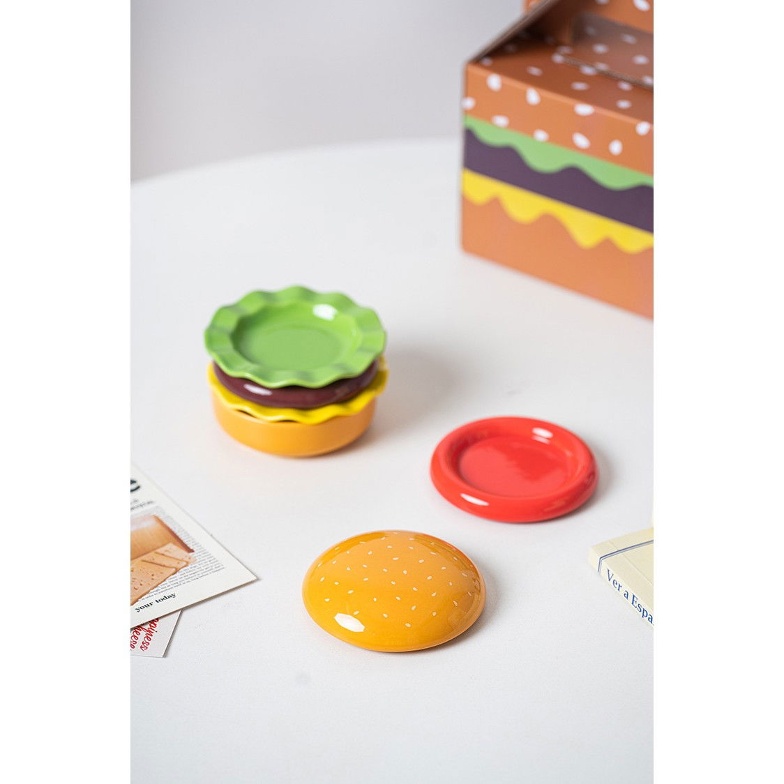 Set Farfurii Ceramice sub Forma de Burger, din Ceramica, pentru Sosuri si Gustari, Mini Farfurii Stivuibile, Multicolor [10]