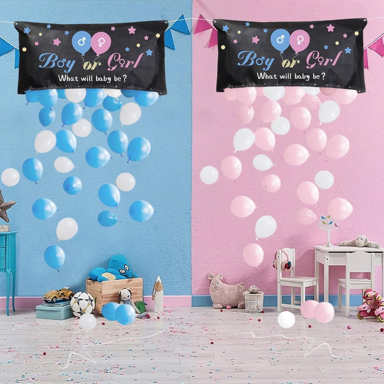 Set Gender Reveal, Flippy, Balloon Drop Bag, din Plastic si Latex, 24 Baloane Roz si Albastru 13 cm, Sac pentru Baloane 60 x 120 cm, Multicolor [3]