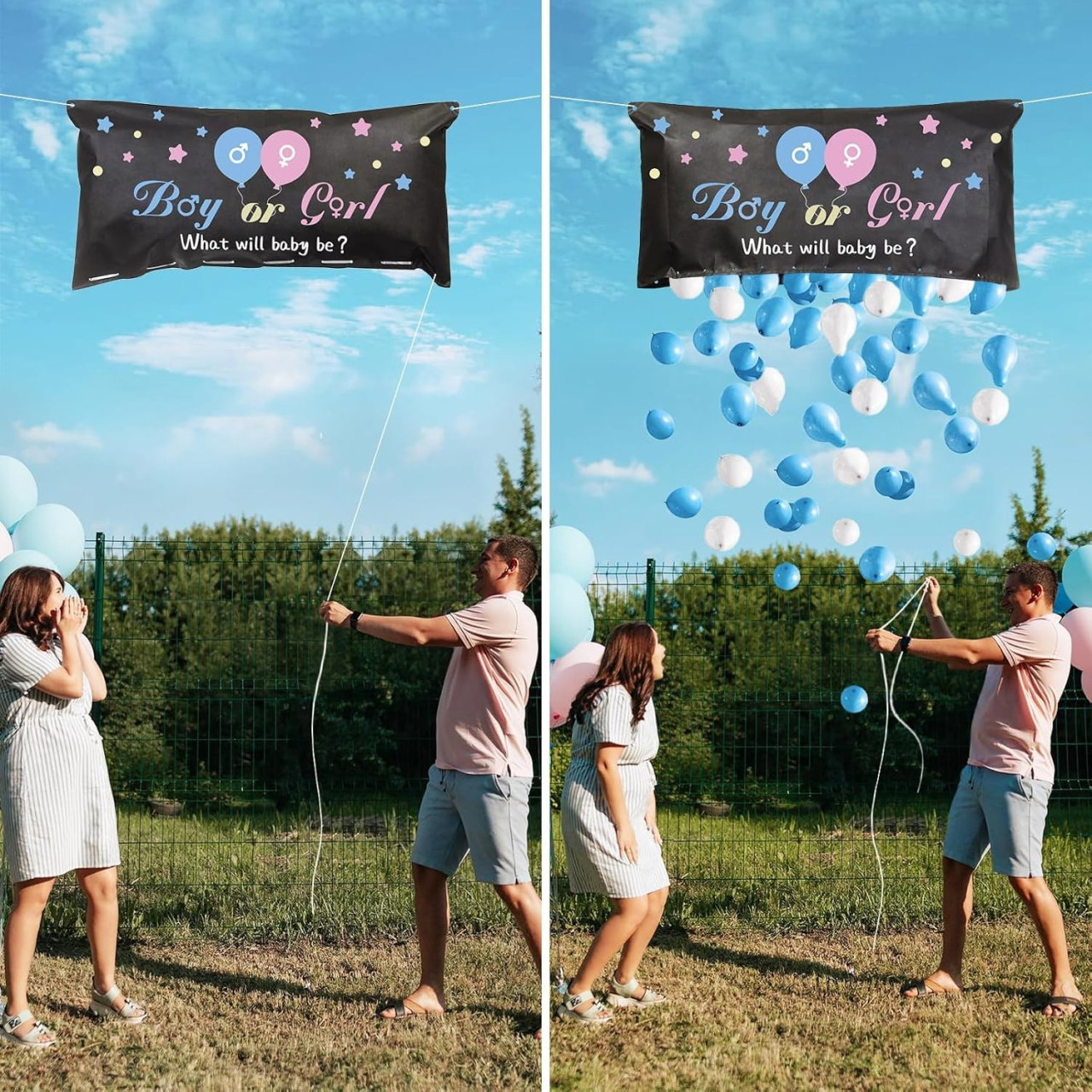 Set Gender Reveal, Flippy, Balloon Drop Bag, din Plastic si Latex, 24 Baloane Roz si Albastru 13 cm, Sac pentru Baloane 60 x 120 cm, Multicolor [4]