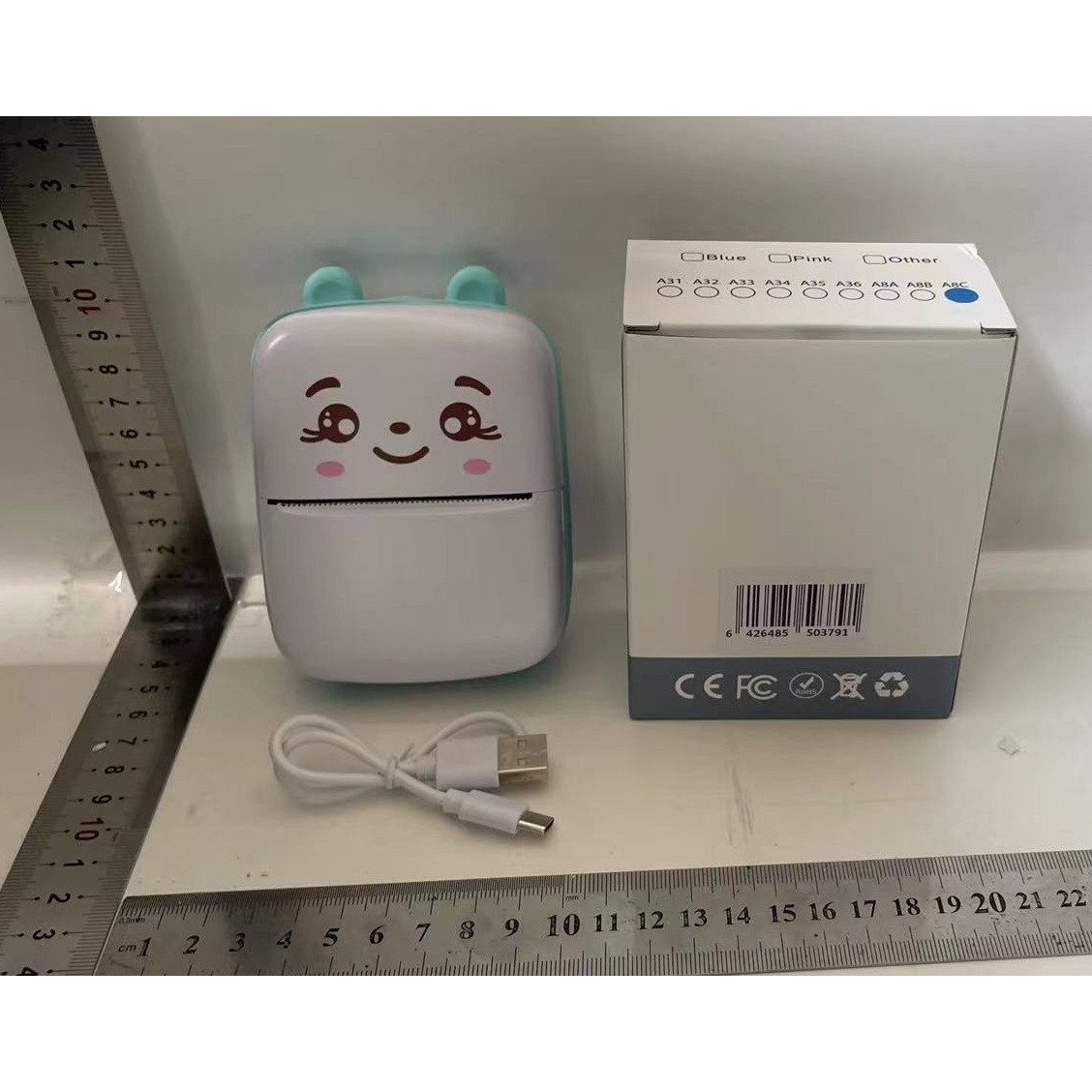 Set Mini Imprimanta Foto Portabila, Flippy, Include: 1x Set de Markere, 5x Role de Hartie Termica, 5x Role Hartie Adeziva, Incarcare USB, Bluetooth, Print Alb-Negru, Model Ursulet, Alb/Albastru [3]