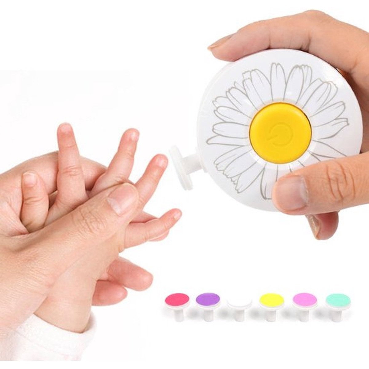 Set Pila Electrica pentru Copii si Bebelusi, Flippy, ABS, Incarcare USB, Model cu Flori, 6 Accesorii, cu Lumina LED, Alb [2]