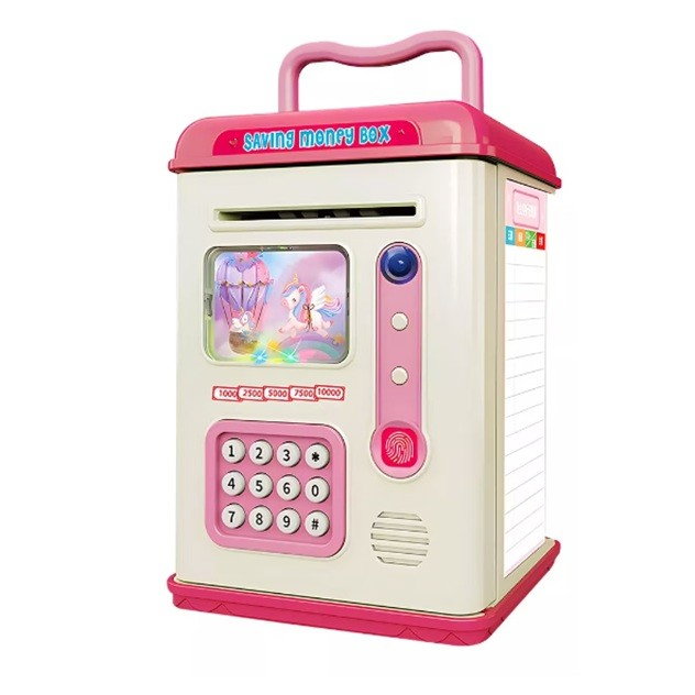 Set Pusculita pentru Copii, Flippy, Tip ATM, Parola cu Amprenta, 13.5 x 11.5 x 20 cm, Roz [1]