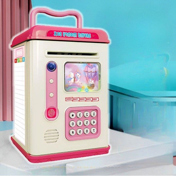 Set Pusculita pentru Copii, Flippy, Tip ATM, Parola cu Amprenta, 13.5 x 11.5 x 20 cm, Roz [3]