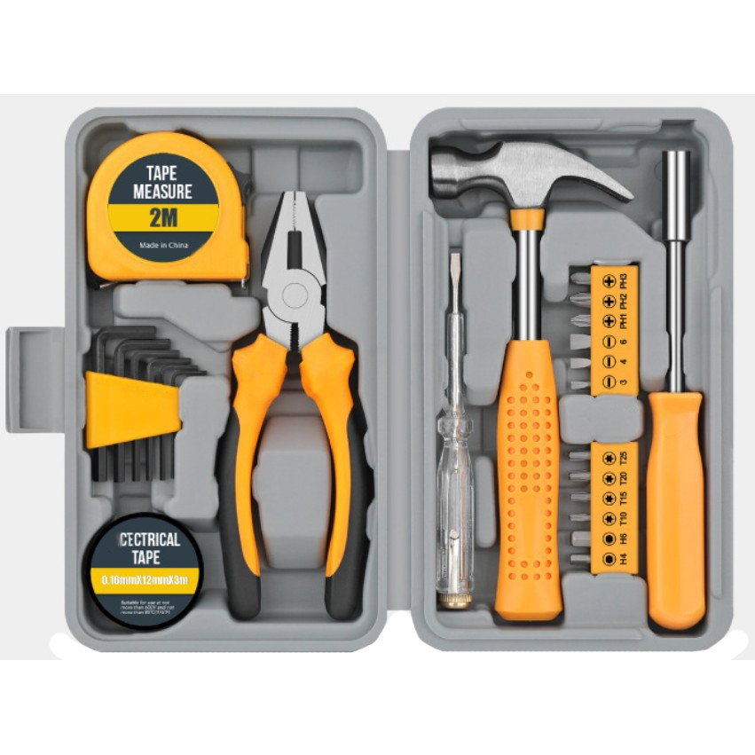 Set Scule 24 piese pentru Uz Casnic, Flippy, Instrumente Set in Trusa de Plastic Gri, din Plastic si Metal, 20 x 12.5 x 3 cm, Galben [1]