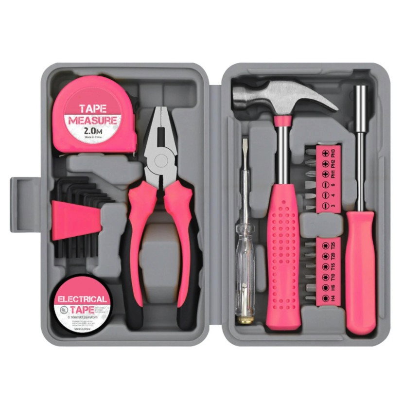 Set Scule 24 piese pentru Uz Casnic, Flippy, Instrumente Set in Trusa de Plastic Gri, din Plastic si Metal, 20 x 12.5 x 3 cm, Roz [1]