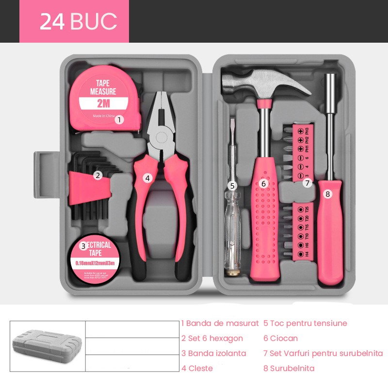 Set Scule 24 piese pentru Uz Casnic, Flippy, Instrumente Set in Trusa de Plastic Gri, din Plastic si Metal, 20 x 12.5 x 3 cm, Roz [2]