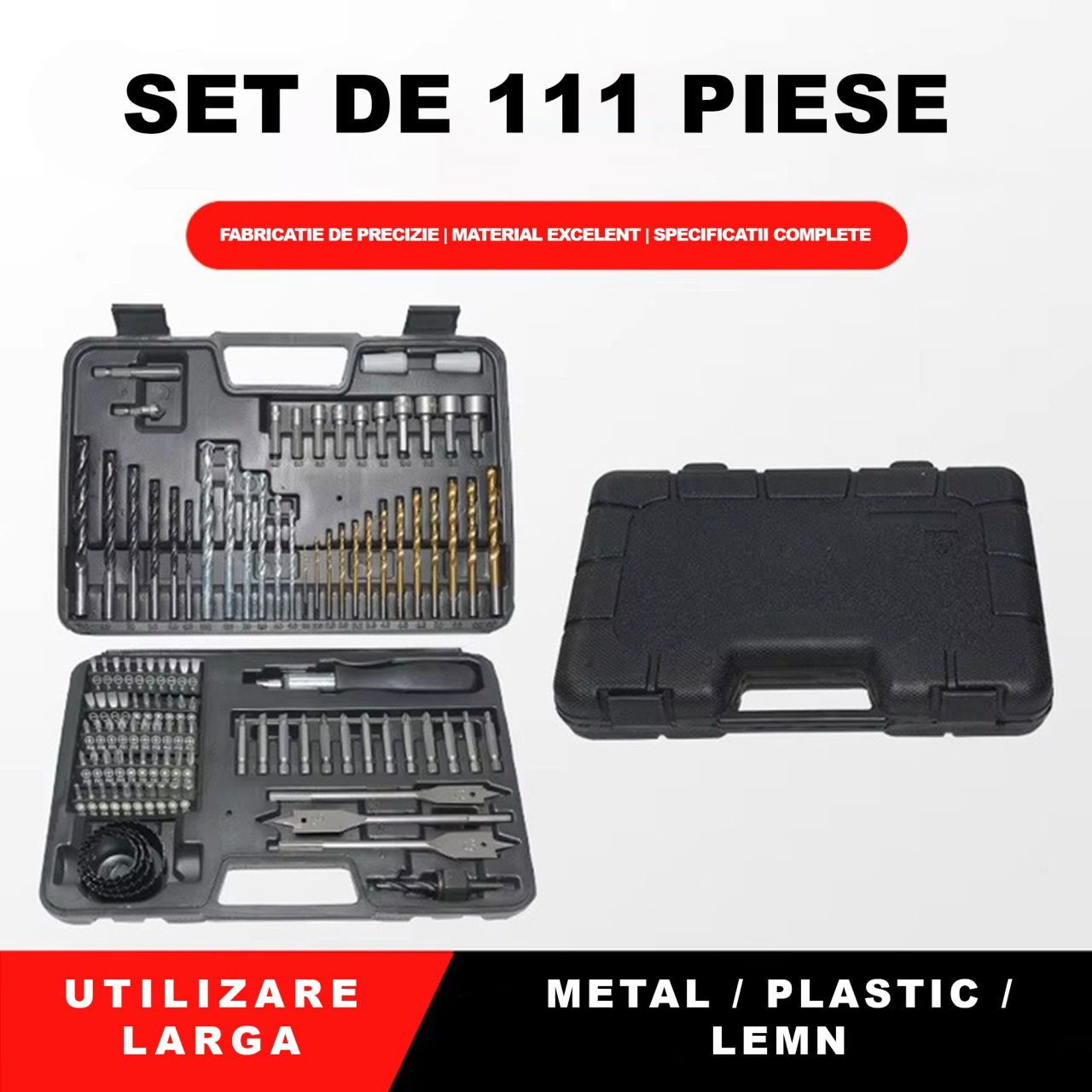 Set Scule Profesionale, Flippy, Set 111 buc, Accesorii Multifunctionale pentru Gaurire si Insurubare, Burghie Lemn, Metal, Zidarie, Cutie Transport, 30 x 20 x 6 cm, Negru [3]