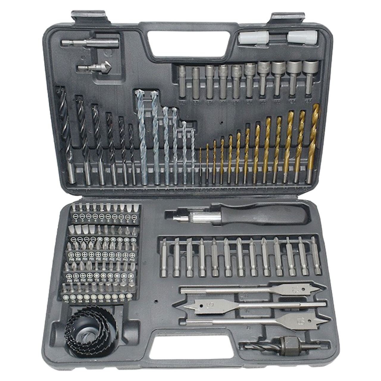 Set Scule Profesionale, Flippy, Set 111 buc, Accesorii Multifunctionale pentru Gaurire si Insurubare, Burghie Lemn, Metal, Zidarie, Cutie Transport, 30 x 20 x 6 cm, Negru [1]