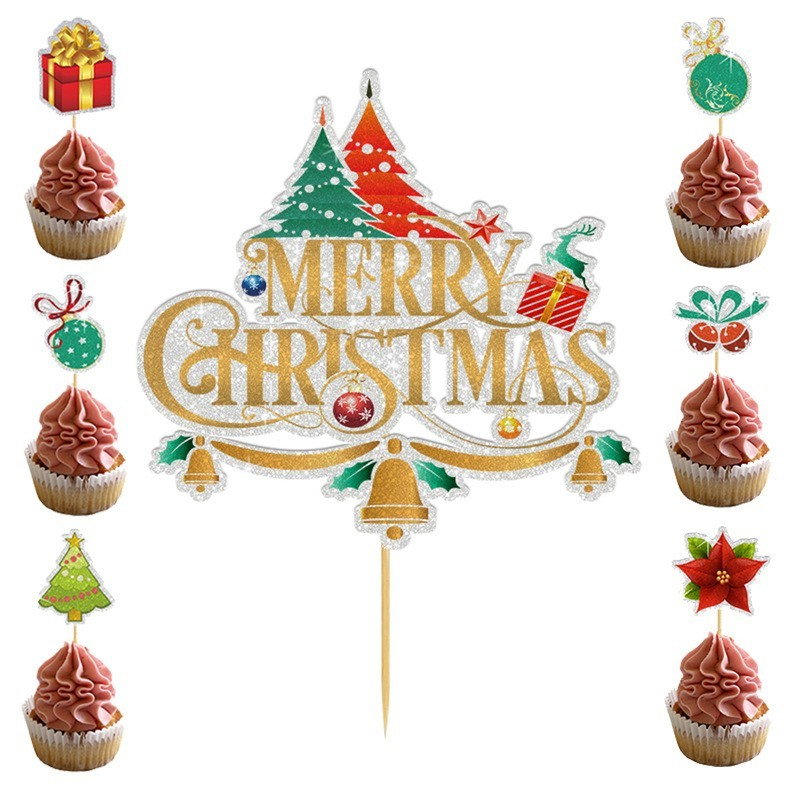 Set Toppere pentru Tort si Prajituri, Flippy, Tematica Craciun, Model Mare Scris Merry Christmas 15.5x14.3 cm, 6 Toppere Mici Modele Variate 5x5 cm, Multicolor [1]