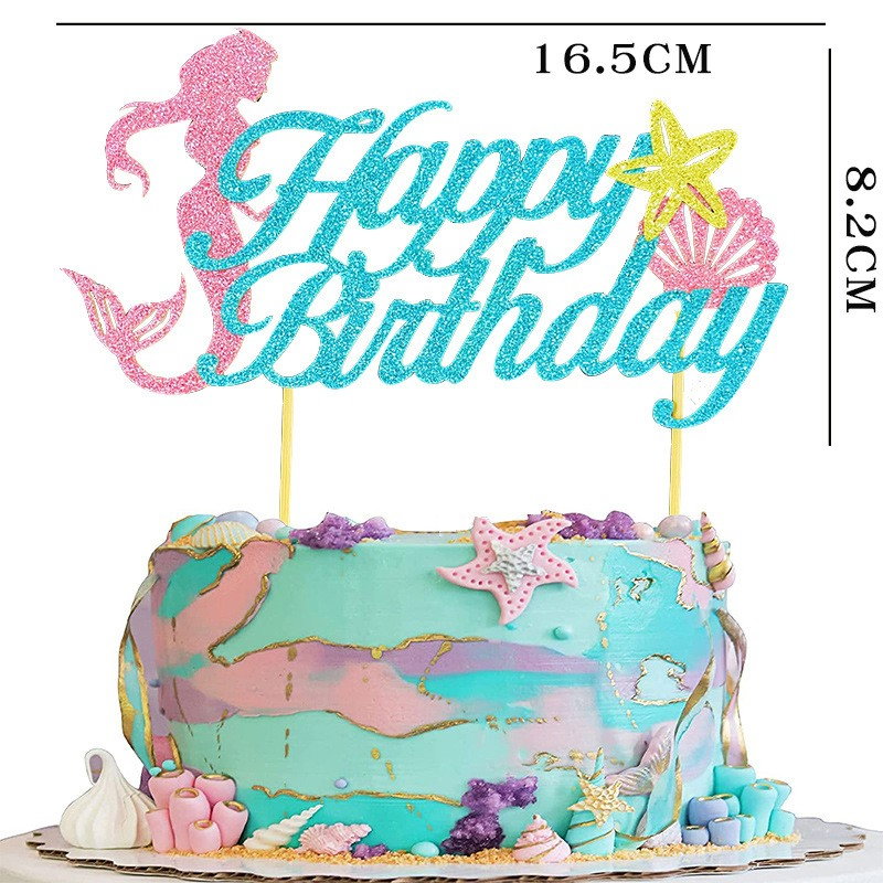 Set Toppere pentru Tort si Prajituri, Flippy, Tematica Sirena, Model Mare Scris Happy Birthday 16.5x8.2 cm, 6 Toppere Mici Model Marin 5x5 cm, Multicolor [3]