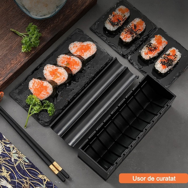 Set ustensile pentru facut sushi Flippy, 10 piese, forma inima inclus, 3 forme clasice, extensibil, finisaj lucios, material ABS, curatare usoara, negru [3]