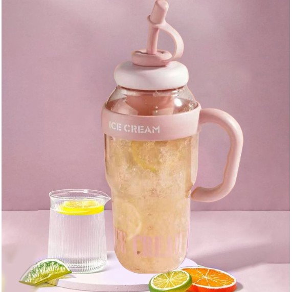 Sticla de Apa, Flippy, Termica, Mentinere 6 Ore, 1400 mL, cu Pai si Capac, PP si Silicon, cu Maner Alb, 25.5x7.5 cm, Roz Deschis [9]