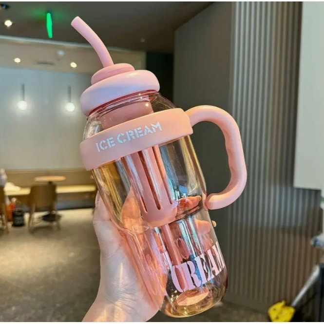 Sticla de Apa, Flippy, Termica, Mentinere 6 Ore, 1400 mL, cu Pai si Capac, PP si Silicon, cu Maner Alb, 25.5x7.5 cm, Roz Deschis [7]