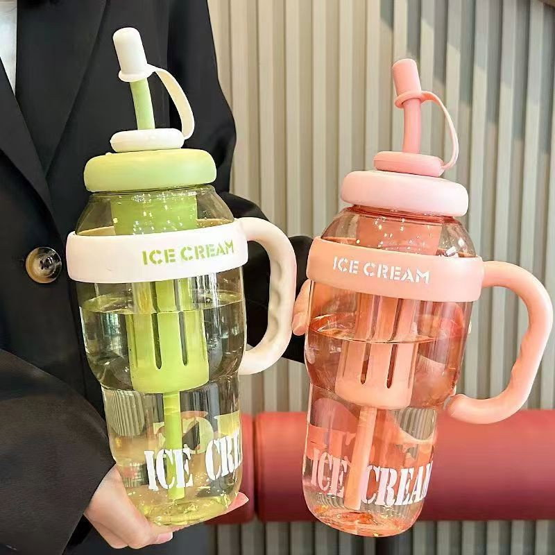 Sticla de Apa, Flippy, Termica, Mentinere 6 Ore, 1400 mL, cu Pai si Capac, PP si Silicon, cu Maner Alb, 25.5x7.5 cm, Roz Deschis [4]