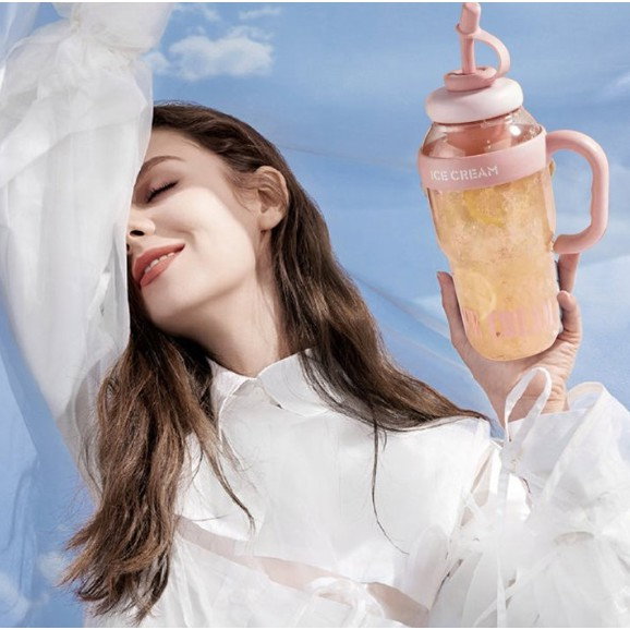 Sticla de Apa, Flippy, Termica, Mentinere 6 Ore, 1400 mL, cu Pai si Capac, PP si Silicon, cu Maner Alb, 25.5x7.5 cm, Roz Deschis [11]