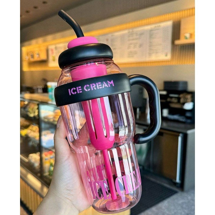 Sticla de Apa, Flippy, Termica, Mentinere 6 Ore, 1400 mL, cu Pai si Capac, PP si Silicon, cu Maner Negru, 25.5x7.5 cm, Roz [3]