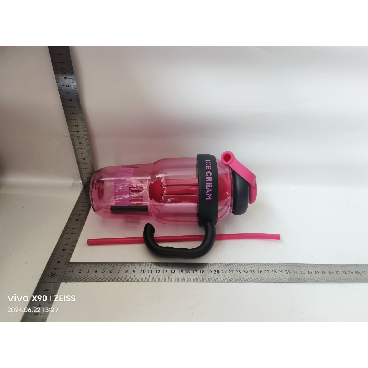 Sticla de Apa, Flippy, Termica, Mentinere 6 Ore, 1400 mL, cu Pai si Capac, PP si Silicon, cu Maner Negru, 25.5x7.5 cm, Roz [2]