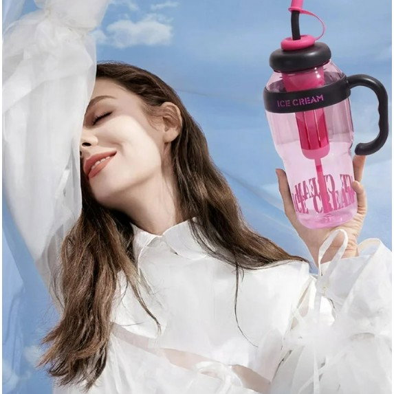 Sticla de Apa, Flippy, Termica, Mentinere 6 Ore, 1400 mL, cu Pai si Capac, PP si Silicon, cu Maner Negru, 25.5x7.5 cm, Roz [9]