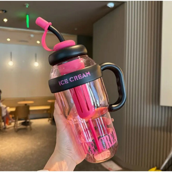 Sticla de Apa, Flippy, Termica, Mentinere 6 Ore, 1400 mL, cu Pai si Capac, PP si Silicon, cu Maner Negru, 25.5x7.5 cm, Roz [5]