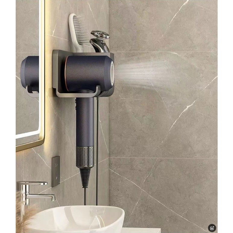 Suport de Baie, Flippy, pentru Uscator de Par, cu Organizator Dublu, din Plastic, Aplicare cu Suport Adeziv, 23 x 8.8 x 9.5 cm, Gri [4]