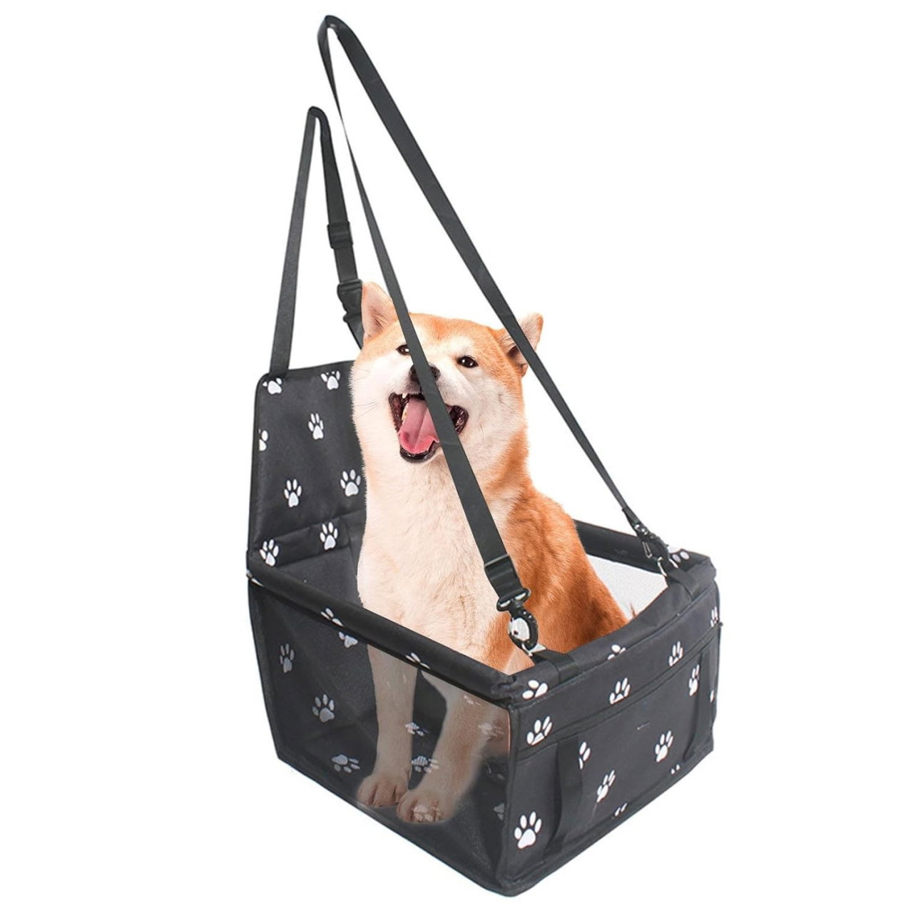 Suport pentru Animalele de Companie, Flippy, pentru Masina, cu Prindere de Scaun si Centura de Siguranta, Negru cu Imprimeu, 40x32x42cm [4]