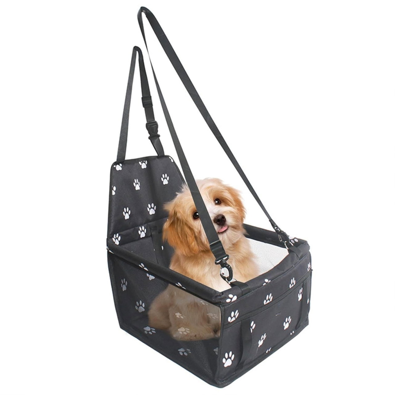 Suport pentru Animalele de Companie, Flippy, pentru Masina, cu Prindere de Scaun si Centura de Siguranta, Negru cu Imprimeu, 40x32x42cm [1]