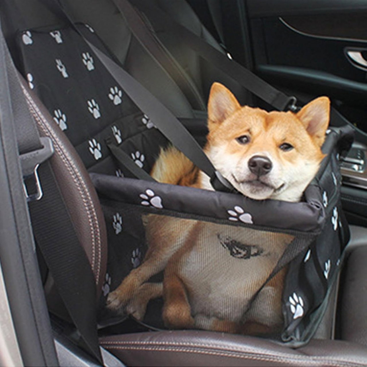 Suport pentru Animalele de Companie, Flippy, pentru Masina, cu Prindere de Scaun si Centura de Siguranta, Negru cu Imprimeu, 40x32x42cm [7]