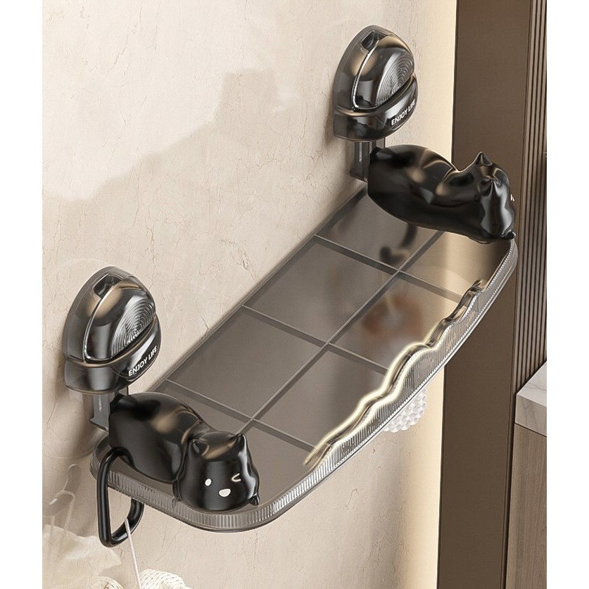 Suport pentru Baie, Flippy, Montare pe Perete, Model Pisicute, ABS, Adeziv, Raft pentru Depozitare, 33.4x17.7 cm, Negru [6]