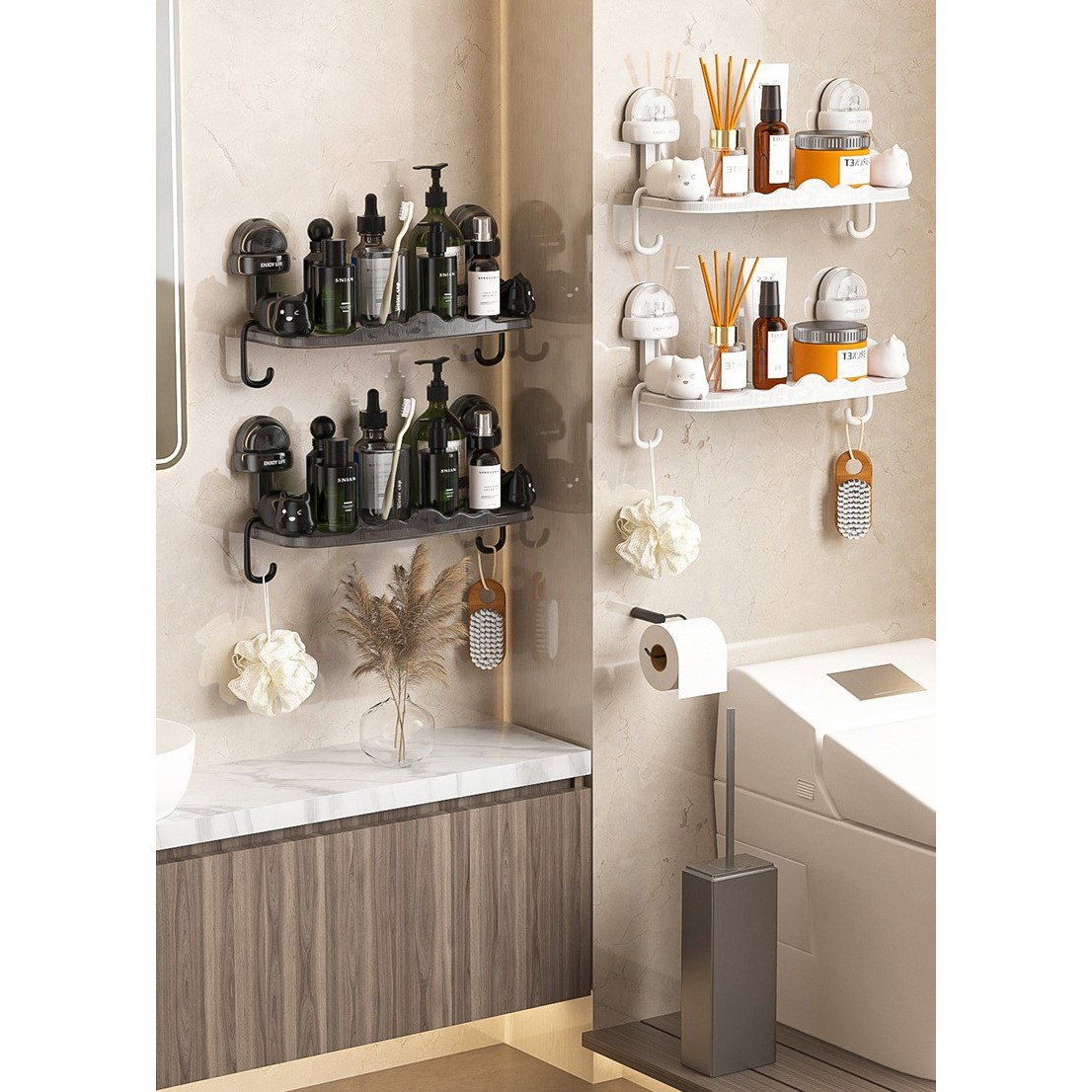 Suport pentru Baie, Flippy, Montare pe Perete, Model Pisicute, ABS, Adeziv, Raft pentru Depozitare, 33.4x17.7 cm, Negru [4]