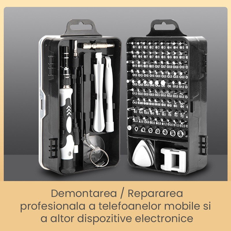 Surubelnite pentru Reparea Telefoanelor, Flippy, Set 115-in-1 Cromate, Demontarea Repararea Ceasurilor, Electronicelor Mici, Maner detalii Albe, 18 x 11 x 6 cm, Negru [5]