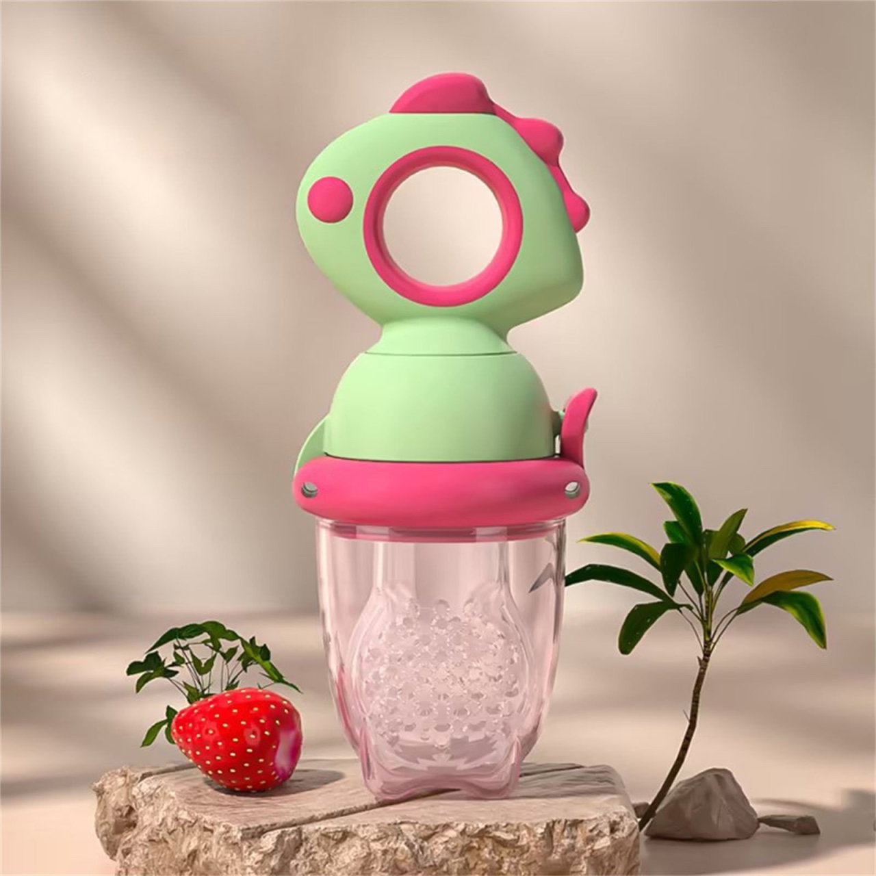 Suzeta pentru Fructe, Flippy, pentru Bebelusi, din Silicon Alimentar, +4 Luni, 2 mm Grosime Gauri Tetina, 12.4 x 5.1 x 4.7 cm, Verde/Fucsia [3]